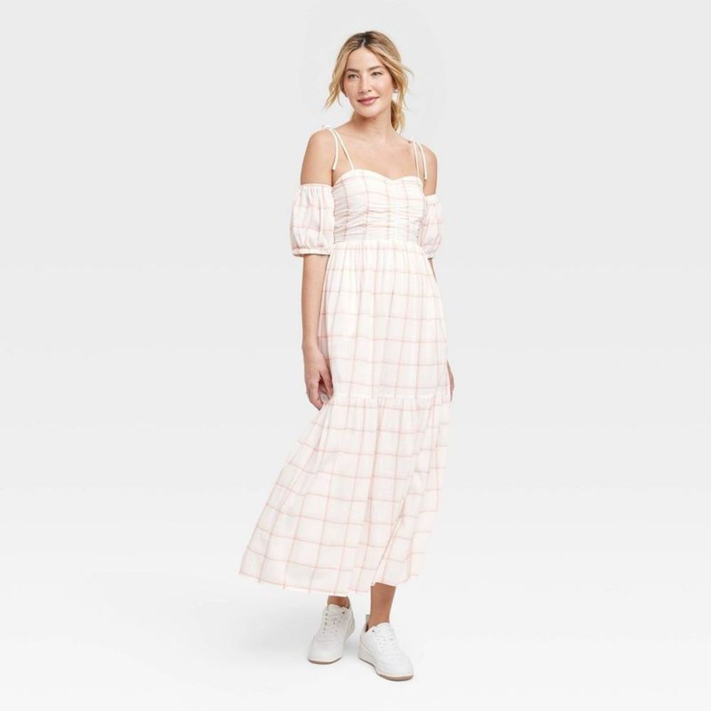 nwt universal thread • puff sleeve cold shoulder midi dress cream plaid
